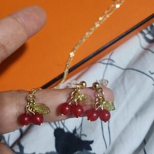 Gold and Red Cherry Necklace and Earrings Set